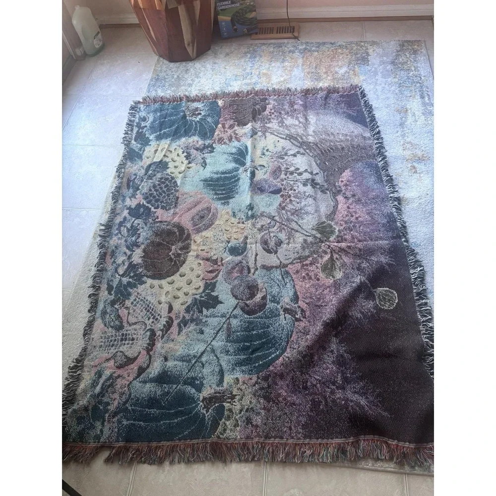 Vintage Autumn Harvest Large Blanket Throw Fringe  4ft x 5 Ft Gorgeous